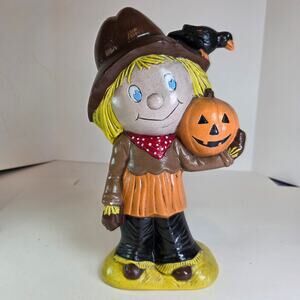 Vintage 1977 Macky Halloween Scarecrow Figurine Pumpkin Crow 10.25" Hand Painted
